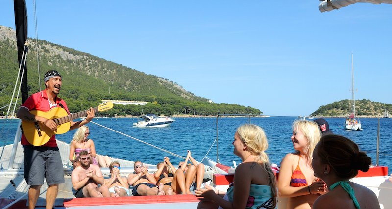 Enjoying dinner onboard the Catamaran